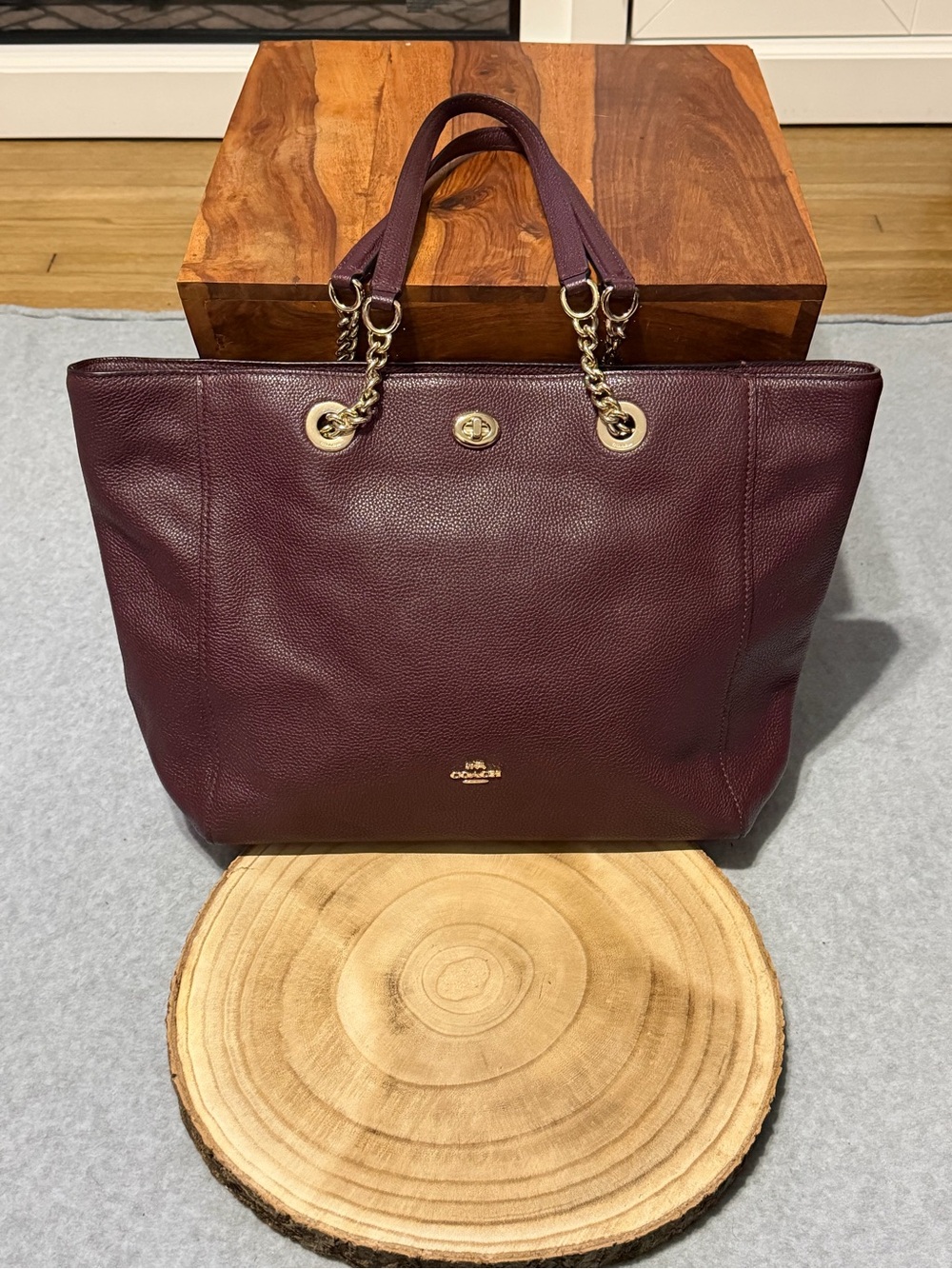 Coach Ave Turn-lock Leather Tote Bag with Chain-Trim Handles Purse
